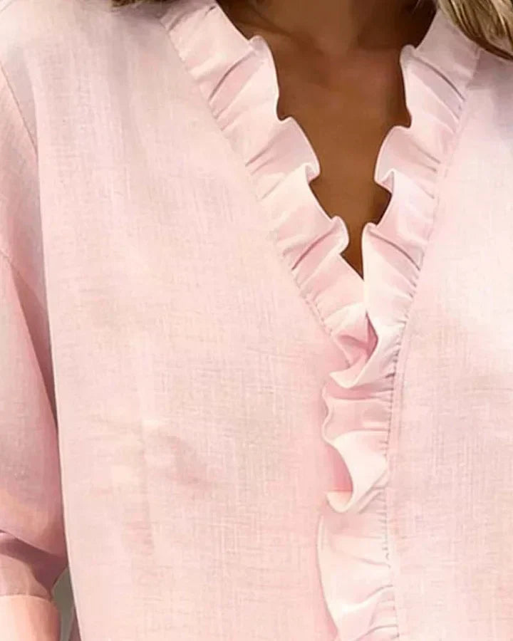 Sadie | Blouse with Ruffles, V-Neck and Long Sleeves